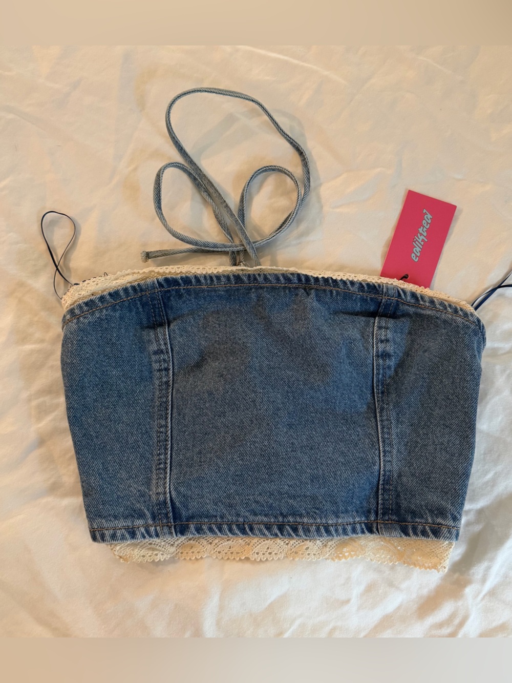 Edikted Blue Denim Top with Pink Tag Detail
